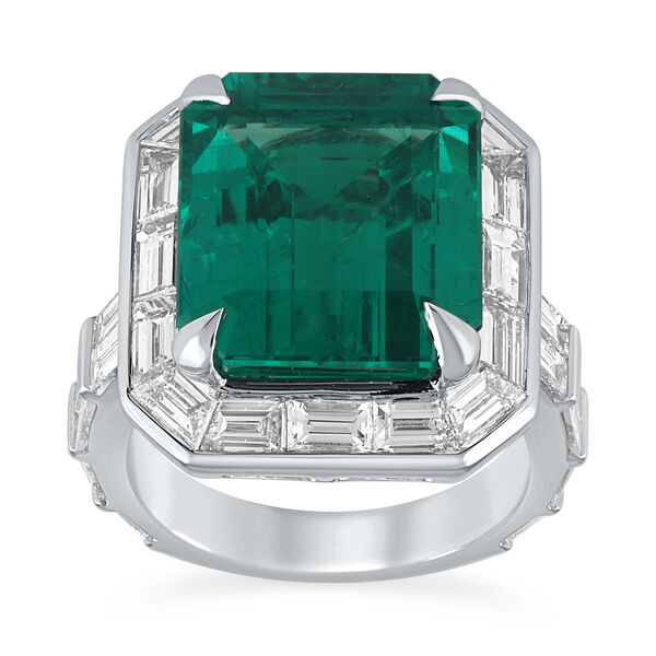Emerald Octagon-Cut Ring with Diamonds in White Gold